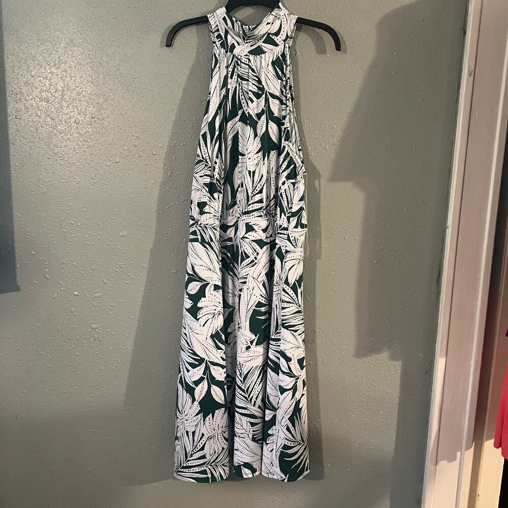 Lane Bryant Womens 22/24 Tropical Print Green & White Midi Dress W/Tie Collar